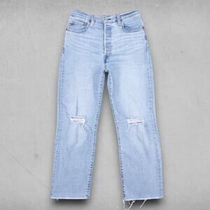 Levis Ribcage Jeans Women 27 Blue High Rise Button Fly Frayed Hem Retro Classic